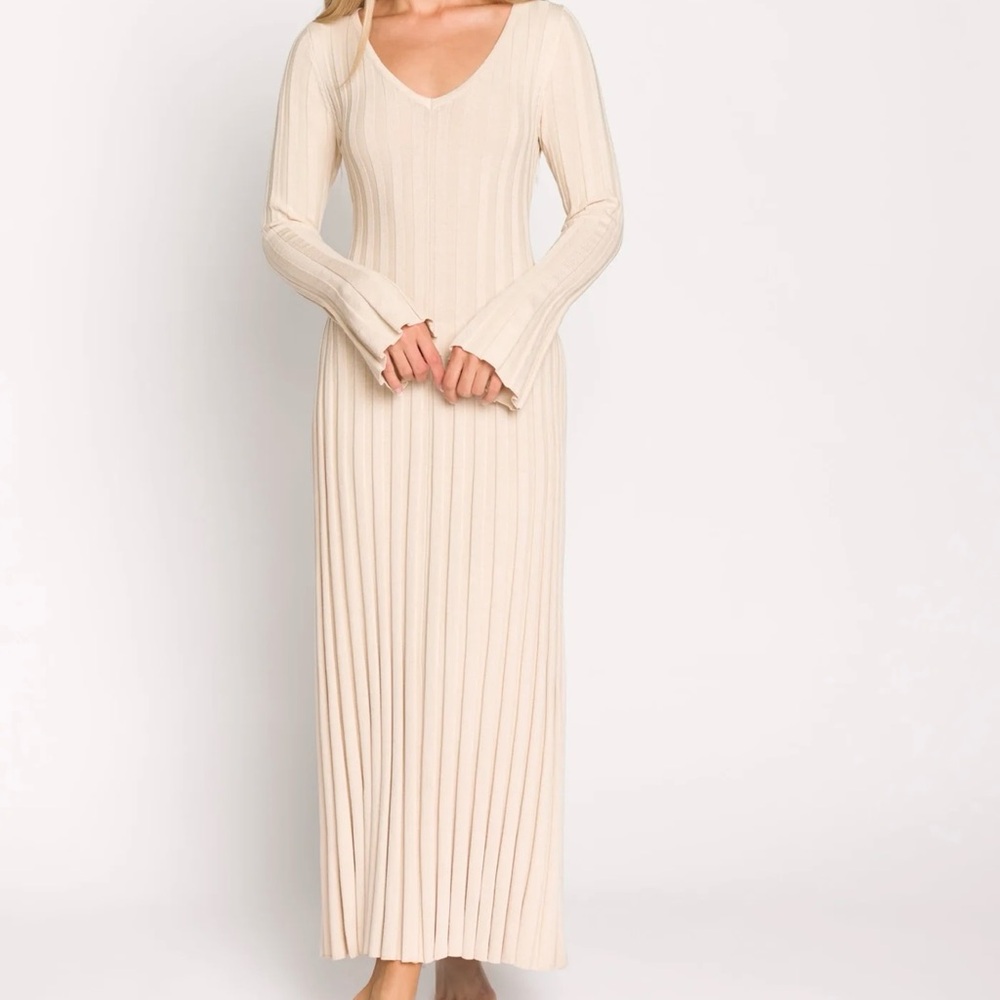Shop Worth Collective Hadley Long Sleeve V-Neck Knit Maxi Dress in Cream Taupe